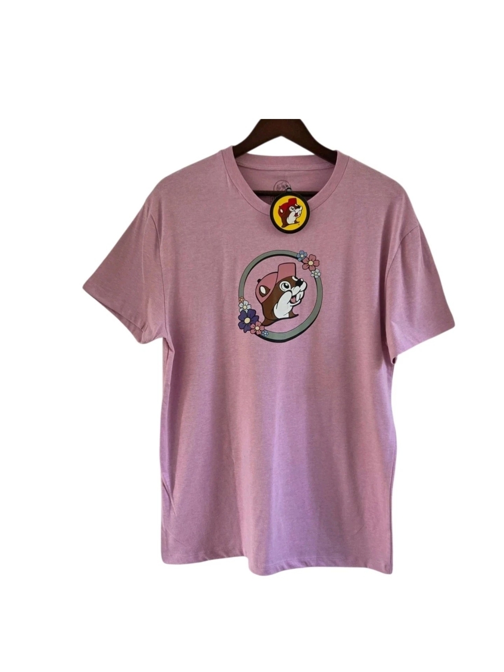 Buc ees Pink Beaver Believer Short Sleeve T Shirt Floral Graphic Womens Size L